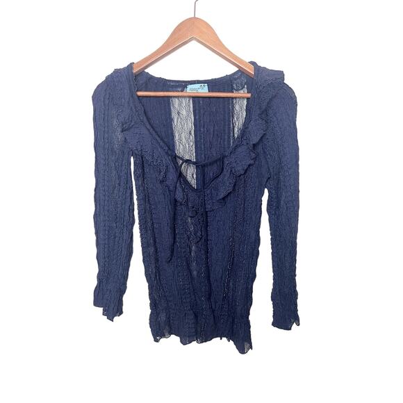 Letarte Blue Lace Ruffles Sheer Handmade Tie Front Top Size Medium - Picture 1 of 11